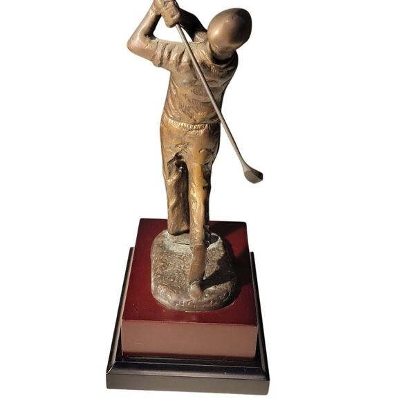 Bronze Metal Golf Figurine Statue 11.5" Wood Base Classic Perfect Swing Golfer - Picture 2 of 11